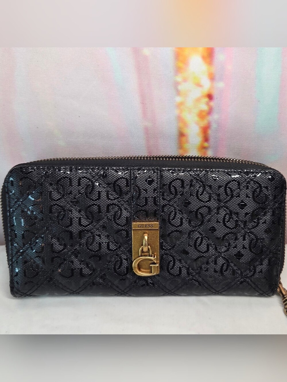 GUESS | Black Quilted & Debossed Logo Wallet W. Gold-Tone Hardware & Wristlet |